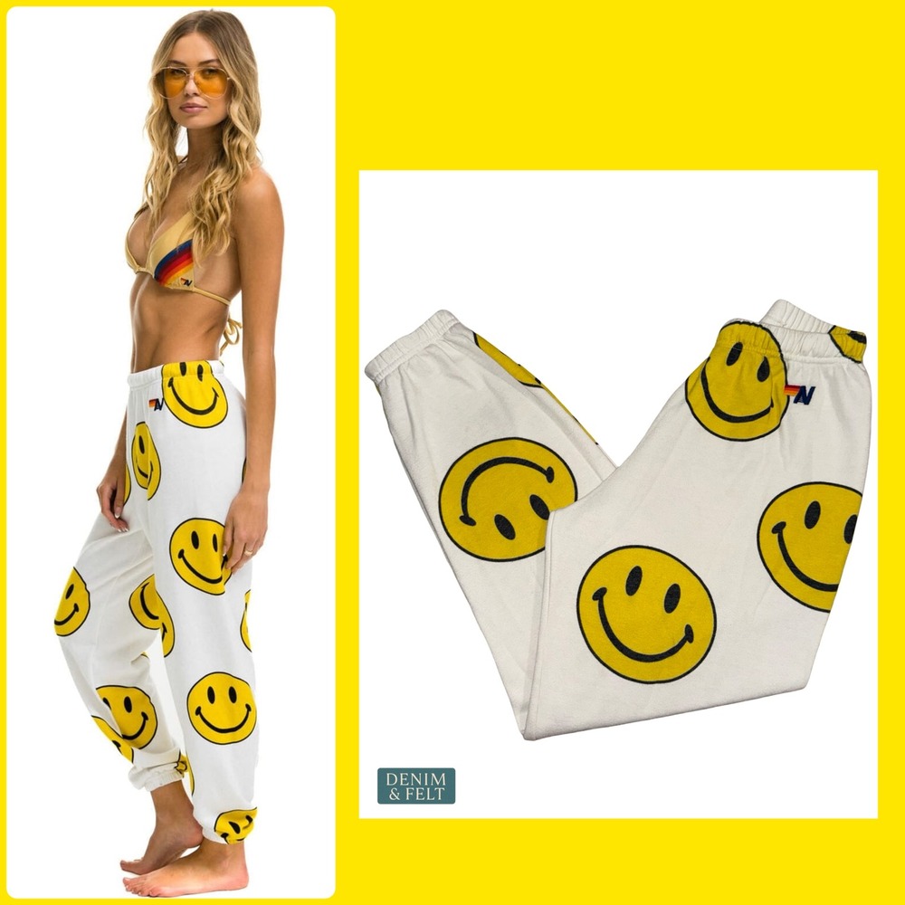 Aviator Nation Smiley Face Repeat Sweatpants White Yellow Cozy‎ Lounge Joggers